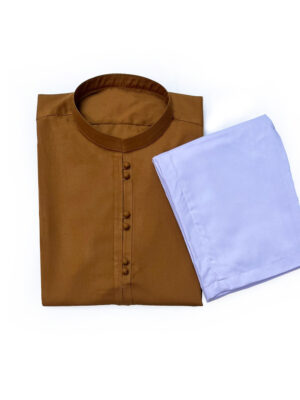 Men's Camel Color Pakistani Kurta Pajama This men's kurta pajama set is a perfect blend of elegance and comfort. Made with premium wash-and-wear fabric, it offers durability and a smooth finish. The stylish camel-colored kurta features a ban-style collar and same-color fabric buttons, giving it a modern yet traditional look. The matching design adds sophistication, making it suitable for casual and festive occasions. The set includes a white trouser that complements the camel kurta, creating a balanced and polished appearance. Available in sizes S, M, L, and XL, this outfit ensures a comfortable fit for everyone. It’s easy to care for and ideal for daily wear or special gatherings. Whether you're updating your wardrobe or looking for Men's Camel Color Pakistani Kurta Pajama Wholesale, this set combines style, comfort, and versatility in one package.