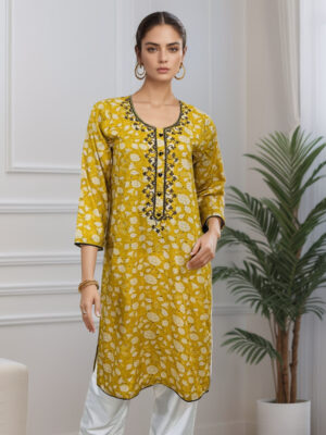 Dark-Mustard Linen Wholesale Kurti Online