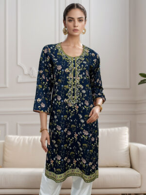 Navy-Blue Short Linen Kurti Wholesale