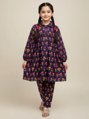 Purple Wholesale Kids Soft Cotton 2-Piece Floral Print Suit USA