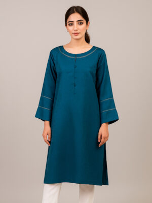 Bluish Cyan Self Print Designer Linen Kurtis Wholesale USA