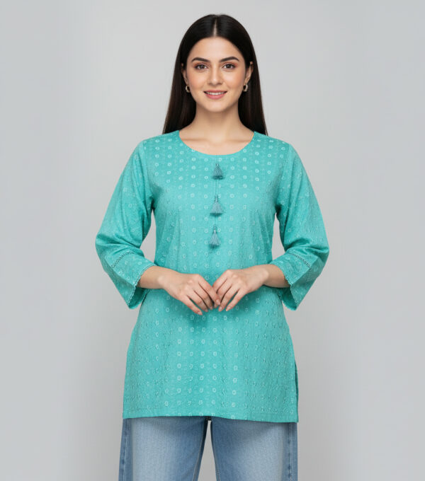 Cyan Designer Chikankari Kurti USA Cyan Designer Chikankari Kurti USA