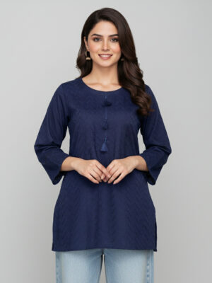 Navy Blue Pure Cotton Chikankari Kurti USA
