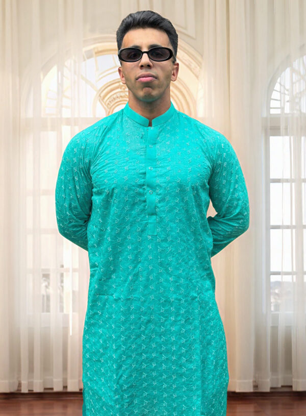 cyan men’s embroidered Chikankari kurta USA