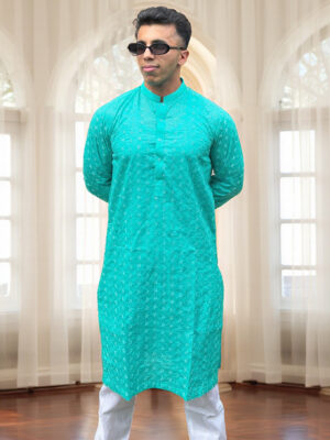 cyan men’s embroidered Chikankari kurta USA