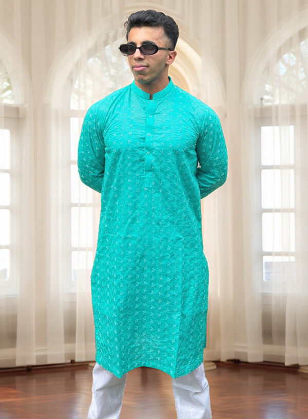 cyan men’s embroidered Chikankari kurta USA