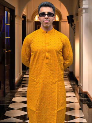 mustard Pakistani Chikankari kurta for men USA