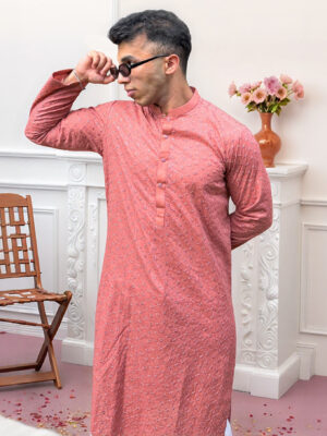 pink men’s embroidered Chikankari kurta USA