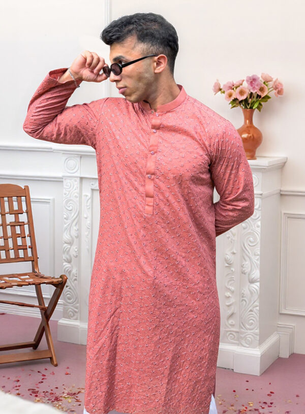 pink men’s embroidered Chikankari kurta USA