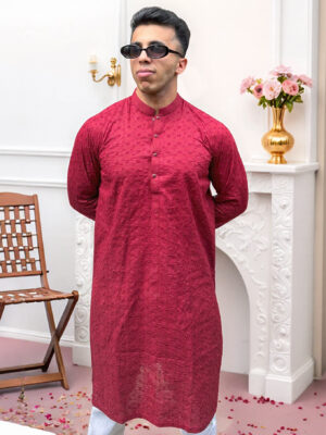 red men’s ethnic Chikankari kurta USA