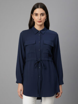 Navy blue Womens wholesale tunic top with Tie-Waist Navy Blue Womens Wholesale Tunic Top with Tie-Waist