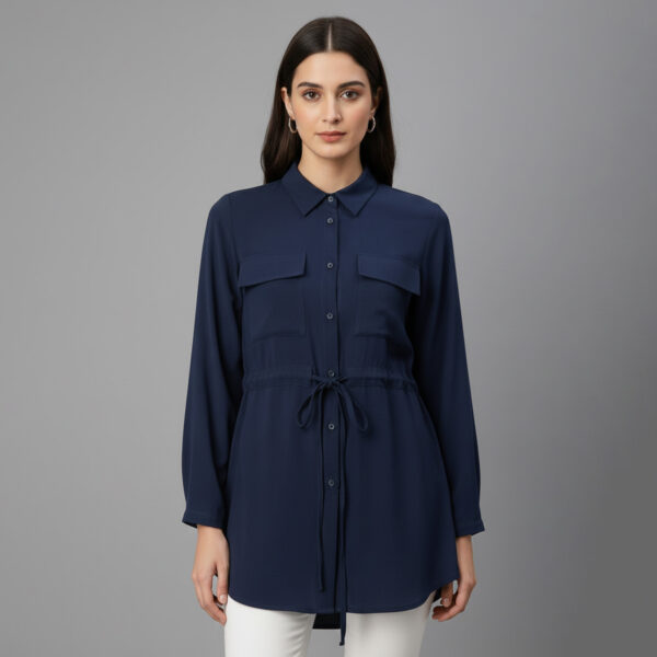 Navy blue Womens wholesale tunic top with Tie-Waist Navy Blue Womens Wholesale Tunic Top with Tie-Waist