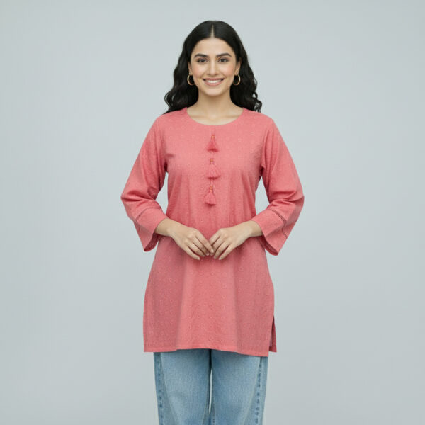 Tulip Pink Cotton Short Chikankari Kurti USA Tulip Pink Cotton Short Chikankari Kurti USA