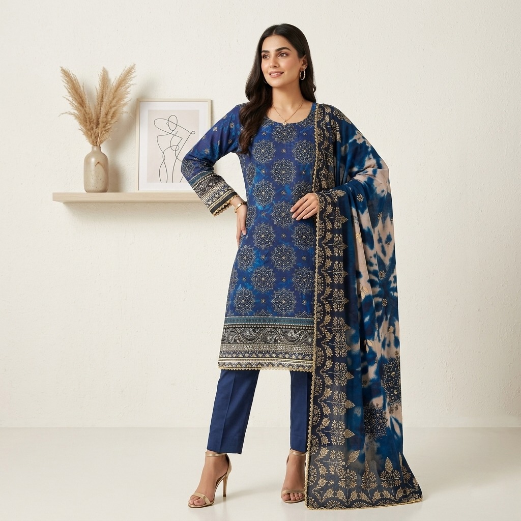 Classic Navy Blue Elegant Pink 3 Piece lawn suits supplier for usa