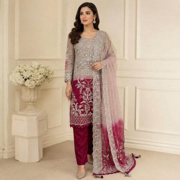 Grey & Plum Chiffon wholesale women pakistani suits new york Grey & Plum Chiffon wholesale women pakistani suits new york
