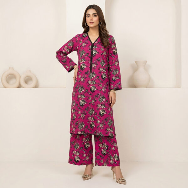 Magenta 2pc Khaddar Women Pakistani Suits Wholesale New York Ready-to-wear 2-piece khaddar suit Premium warm and breathable khaddar fabric Rich magenta color with all-over floral print Elegant cream and black rose pattern Stylish V-neckline with black lace trim Matching printed wide-leg trousers Soft, durable, and comfortable fabric Perfect for winter, casual wear, and office wear Easy-care fabric for everyday use Ideal for retailers, boutiques, and wholesale buyers