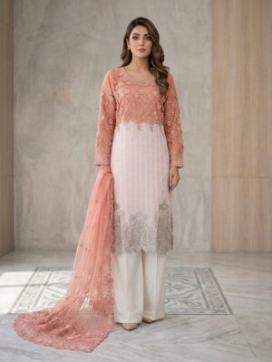 Peach & Off-White Chiffon women pakistani suits wholesale new york (2) Peach & Off-White Chiffon women pakistani suits wholesale new york