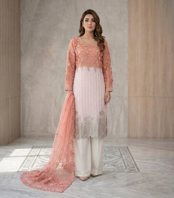 Peach & Off-White Chiffon women pakistani suits wholesale new york (2) Peach & Off-White Chiffon women pakistani suits wholesale new york