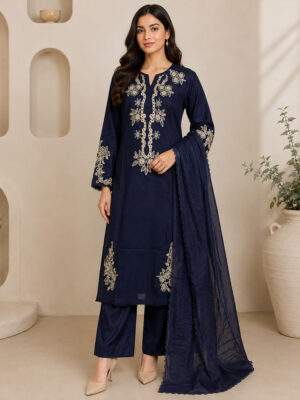 Navy Blue stitched wholesale lawn suit