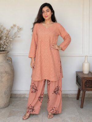 Peach Pink Coral Floral Contrast pakistani chikankari suit US Peach Pink Coral Floral Contrast pakistani chikankari suit US