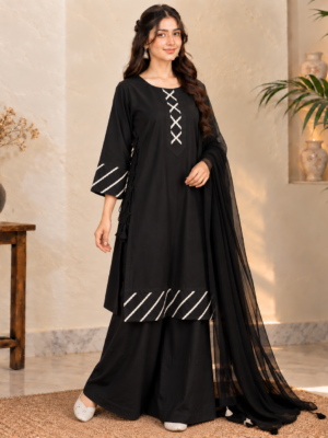 Jet Black 3 Piece Pakistani Dhanak Suit Jet Black 3 Piece Pakistani Dhanak Suit