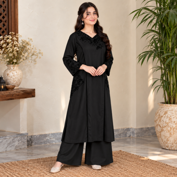 Jet Black Pakistani Dhanak Suit USA Jet Black Pakistani Dhanak Suit USA
