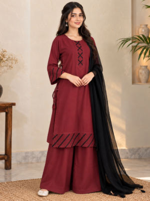 Maroon 3 Piece Pakistani Dhanak Suit Maroon 3 Piece Pakistani Dhanak Suit