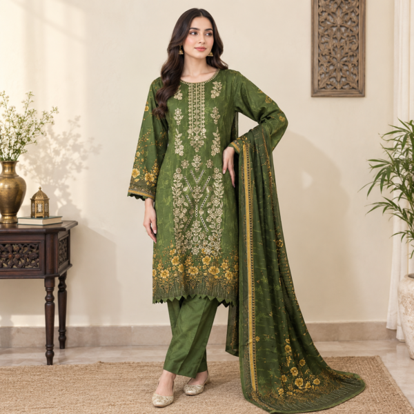 Olive Green Pakistani Linen Suit (2) Olive Green Pakistani Linen Suit