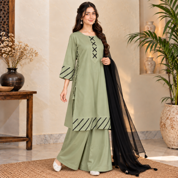 Saga Green 3 Piece Dhanak Suit USA (2) Saga Green 3 Piece Dhanak Suit USA