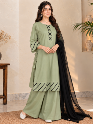 Saga Green 3 Piece Dhanak Suit USA Saga Green 3 Piece Dhanak Suit USA