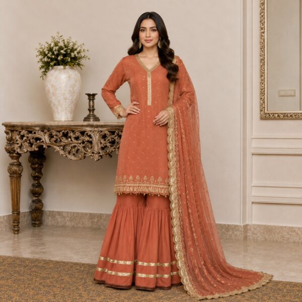 Terracotta Pakistani Chiffon Suit US Terracotta Pakistani Chiffon Suit US