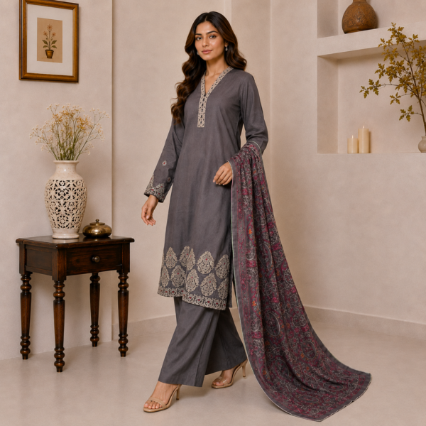 Charcoal Grey pakistani dhanak suit usa Charcoal Grey Pakistani Dhanak Suit USA