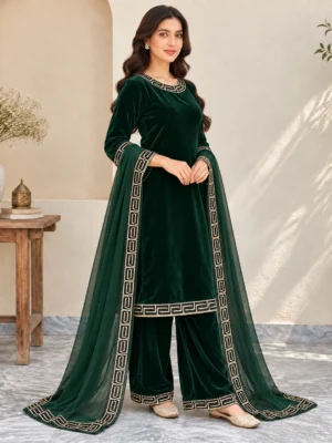 Dark-Green-Embroidered Velvet Suit USA Dark Teal Pakistani Velvet Suit USA