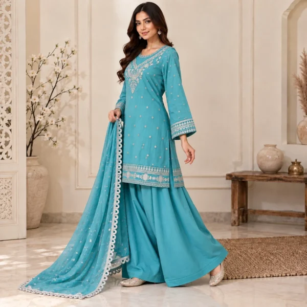Firozi Blue Pakistani Chiffon Suit USA Firozi Blue Pakistani Chiffon Suit USA