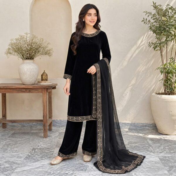 Jet Black Pakistani Velvet Suit USA Jet Black Pakistani Velvet Suit USA