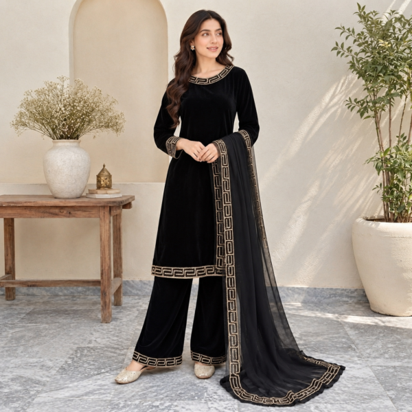 Jet Black Pakistani Velvet Suit USA Jet Black Pakistani Velvet Suit USA