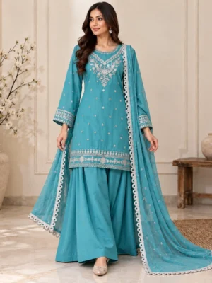 Firozi Blue Pakistani Chiffon Suit USA Firozi Blue Pakistani Chiffon Suit USA