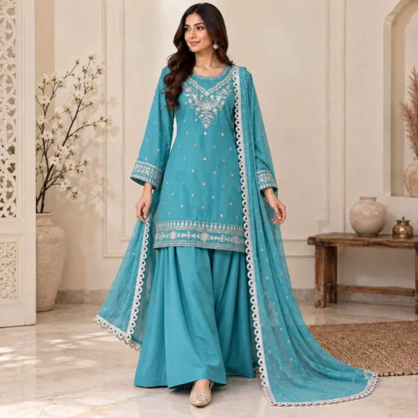 Firozi Blue Pakistani Chiffon Suit USA Firozi Blue Pakistani Chiffon Suit USA