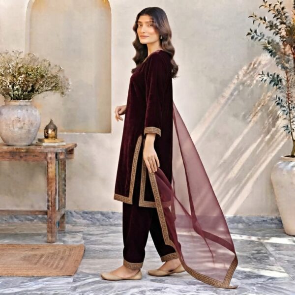 Maroon Stitched-Embroidered Velvet Suit (2) Maroon Stitched Embroidered Velvet Suit USA