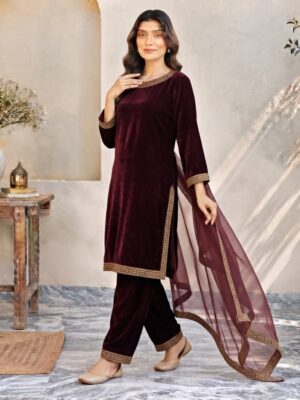 Maroon Stitched Embroidered Velvet Suit USA Maroon Stitched Embroidered Velvet Suit USA