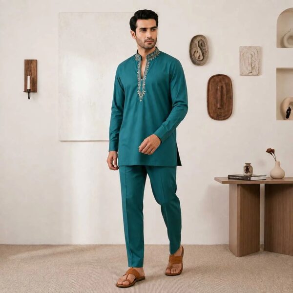 Teal Blue kurta pajama for wedding guest (2) Teal Blue kurta pajama for wedding guest